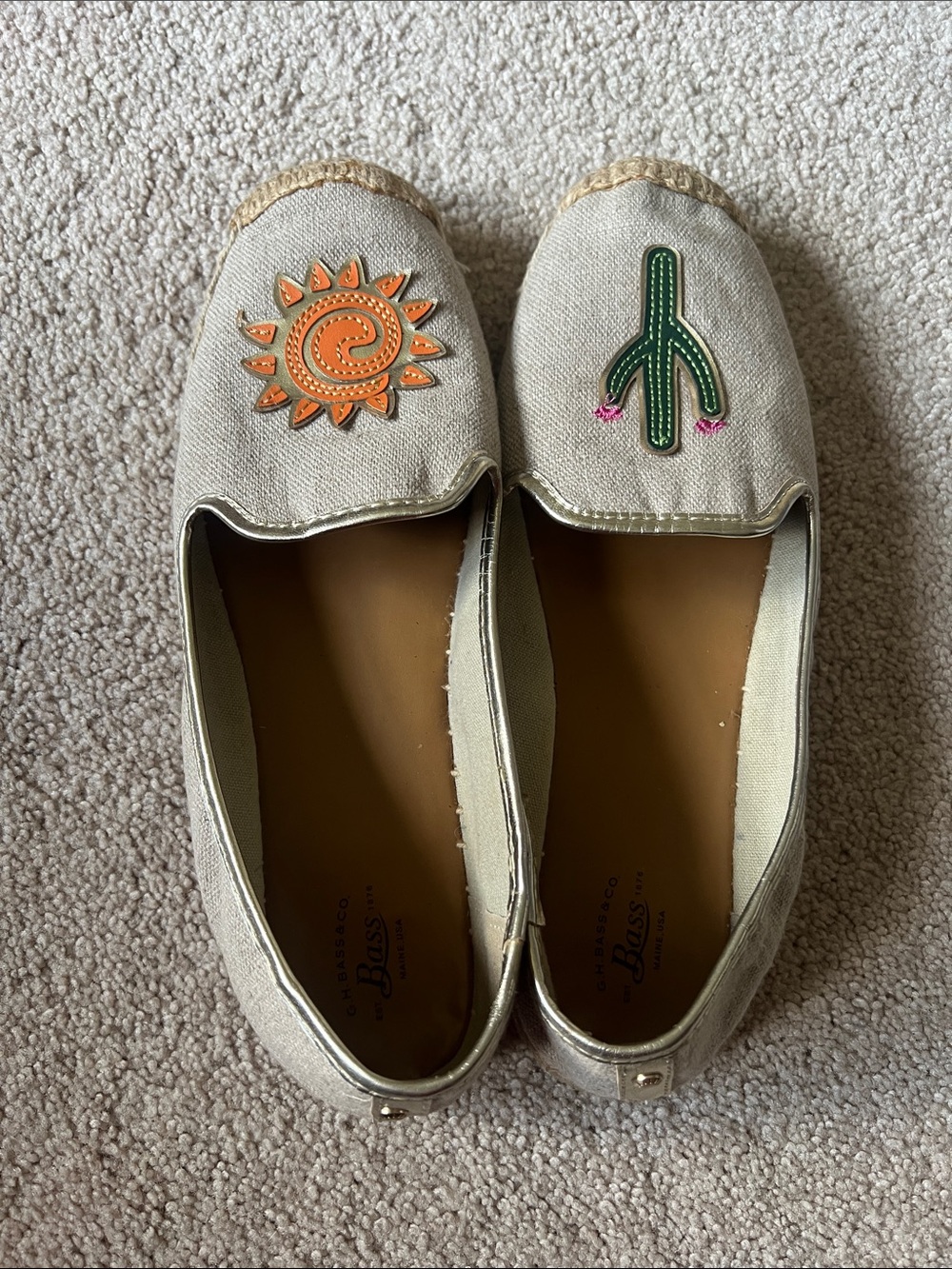 Bass Cream Canvas Espadrille Flats with Orange Sun & Green Cactus Patches